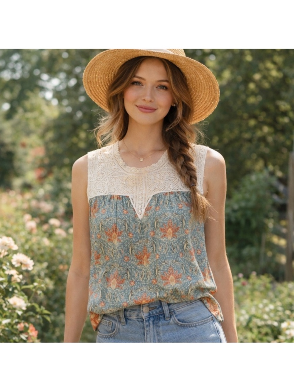 Maeve Floral Boho Lace Top S Sleeveless Flowy Lightweight Cottagecore Prairie - Picture 1 of 12